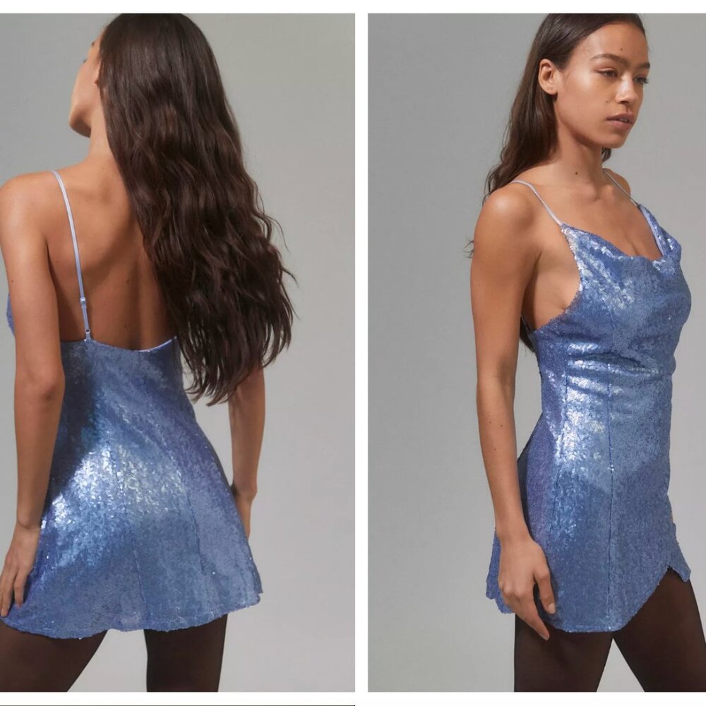 NWT {Urban Outfitters} A-list Sequin Cowl Neck Mini Dress-Light Blue-Medium